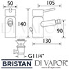 Bristan Bidet Mixer Pop-Up Waste Dimensions